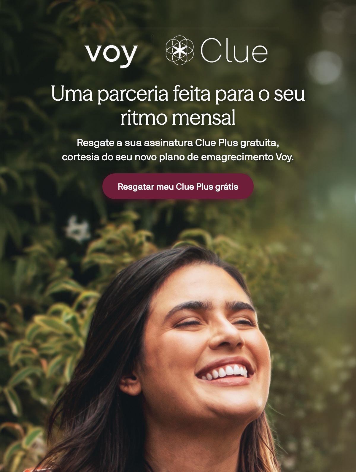 Voy × Clue — Uma parceria feita para o seu ritmo mensal. Resgate o seu Clue Plus grátis.